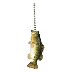 a fish hanging from a chain on a white background