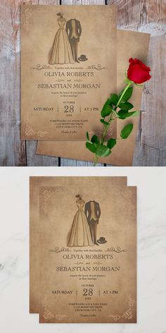 two wedding cards with a rose on them