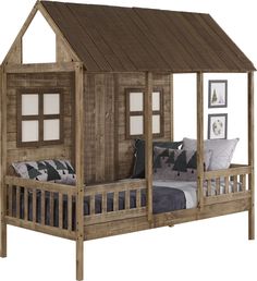 a wooden bed with a small house on the top and bottom bunk, in front of a white background