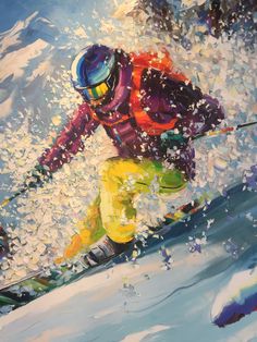 a painting of a person on skis going down a hill with snow all around