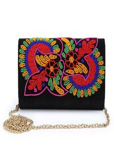 Beaded Floral Envelope Clutch Bag By The Purple Sack now available at Trendroots Festive Beaded Rectangular Shoulder Bag, Festive Multicolor Rectangular Shoulder Bag, Party Rectangular Shoulder Bag With Multicolor Embroidery, Party Multicolor Embroidered Rectangular Shoulder Bag, Evening Multicolor Shoulder Bag With Handwork, Embellished Multicolor Evening Bag As Gift, Multicolor Embellished Evening Bag As Gift, Rectangular Beaded Clutch For Festive Occasions, Handmade Multicolor Evening Bag For Festivals