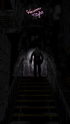 a man is walking down some stairs in the dark with neon signs above his head