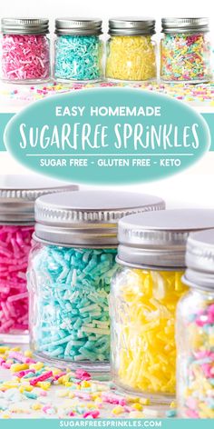 homemade sugar free sprinkles in mason jars with text overlay