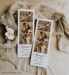 two polaroid style wedding cards with the same photo on them, sitting next to each other