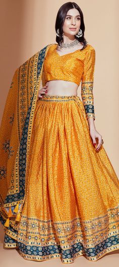 Art Silk Festive Lehenga in Yellow with Digital Print work Fitted Bollywood Lehenga With Motifs, Anarkali Sets With Traditional Drape And Motifs, Fitted Anarkali Sharara With Motifs, Fitted Bollywood Anarkali Set With Motifs, Transitional Yellow Dola Silk Lehenga, Fitted Art Silk Anarkali Set With Motifs, Art Silk Lehenga With Cutdana In Traditional Drape, Cutdana Art Silk Lehenga With Traditional Drape, Traditional Orange Semi-stitched Lehenga