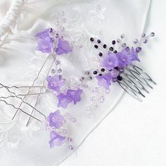 This lavender set bridal hair comb and hair pins,a beautiful and delicate bridal hair accessory for brides and a nice gift to the bridesmaids On the wedding day, every bride wants to look fantastic. This purple wedding flower accessories, will be a magical addition to your look on your happiest day.  This will emphasize the ease of your image.  The comb is very conveniently attached to the hair and fits in with any hairstyle.  -Material- artificial flowers and glass beads  -Colors- lavender, lilac - Size -comb - 4*1,5 inches (10*4cm)(compositions)            - pins - 1.9*1.9 inches (5*5cm)(composition 1 pin) - Unique handmade. Purple Wedding Flower, Purple Hair Accessories, Floral Hair Comb, Beads Colors, Bridal Hair Accessory, Floral Hair Combs, Bridal Hair Piece, Purple Wedding Flowers, Lavender Hair