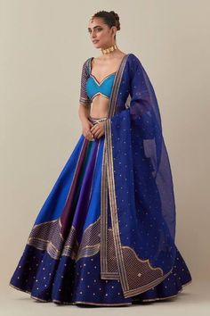 Multicolor colorblock attached cancan lehenga with aari, zari, sequin embroidery in mughal pattern. Paired with sleeve embroidered padded blouse and border embroidered dupatta. - Aza Fashions Multi Color Lehenga, Mughal Pattern, Raw Silk Embroidery, Lehenga And Blouse, Ghaghra Choli, Lehenga Pattern, Lehenga Blouse, Chaniya Choli, Sequins Embroidery