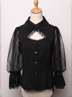 Bat Collar Black Long Sleeve Gothic Lolita Shirt Gothic Black Top With Lace Collar, Elegant Black Top With Doll Collar, Black Gothic Blouse For Formal Occasions, Black Gothic Blouse For Alternative Fashion, Elegant Tops For Halloween Costume Party, Elegant Black Top For Halloween, Elegant Black Halloween Top, Elegant Halloween Costume Party Tops, Fitted Black Blouse With Doll Collar