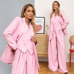 Welcome to ZaikoStor, where elegance meets bold style in every stitch: - Stand out with confidence in our pink striped 3-piece suit for women, featuring a wide-leg pant suit design for a chic and sophisticated look. - Embrace timeless elegance with our elegant pantsuit collection, perfect for making a statement at any event. - Make a fashion statement with our palazzo suit, offering a modern twist on classic style. - Elevate your ensemble with our vest suit for women, adding a touch of flair and Tailored Three-piece Suit For Spring With Long Sleeves, Tailored Pink Sets For Fall, Elegant Long Sleeve Three-piece Suit For Spring, Tailored Pink Pantsuit For Fall, Tailored Pink Suits For Fall, Feminine Spring Workwear Sets, Chic Single-breasted Sets For Spring, Chic Single Breasted Sets For Spring, Tailored Pink Suit For Fall