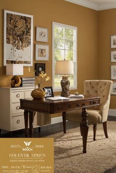 a home office with yellow walls and furniture