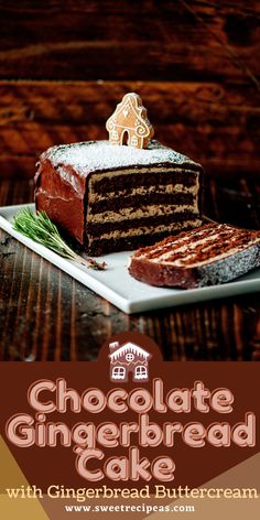 chocolate gingerbread cake with gingerbread buttercream frosting on a white plate