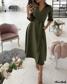 Olivia Mark - Relaxed Lantern Sleeve Shirt Dress Fall V-neck Shirt Dress With Pockets, V-neck Tie Waist Shirt Dress For Fall, Elegant V-neck Relaxed Fit Shirt Dress, Green V-neck Shirt Dress For Fall, Solid Color Summer Dresses With 3/4 Sleeves, Summer Dresses With 3/4 Sleeves In Solid Color, Cotton V-neck Shirt Dress For Fall, Fall Dresses In Solid Color With Relaxed Fit, Fall Dress In Solid Color With Relaxed Fit