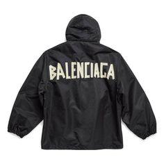 Balenciaga Tape Type Hooded Windbreaker Jacket 'Black' 738762TLO251000 Designer Hooded Outerwear For Streetwear, Designer Long Sleeve Outerwear With Drawstring Hood, Luxury Sport Coat, Luxury Outerwear With Drawstring Hood, Luxury Outerwear With Drawstring Hood And Long Sleeves, Classic Black Parka For Fall, Classic Black Winter Parka, Classic Hooded Outerwear For Streetwear, Classic Black Outerwear With Double-lined Hood