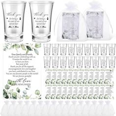 the wedding gift set includes two shot glasses, an empty bag and several personalized guest cards