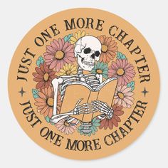 a sticker with a skeleton reading a book and sunflowers in the background