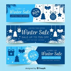 three winter sale banners with blue and white decorations