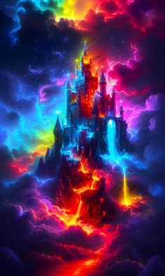 an image of a castle in the sky with rainbows and clouds around it,