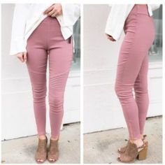 These Jeggings Boast A Chic Mauve Hue That Adds A Subtle Pop Of Color To Your Wardrobe. The Edgy Moto Detailing And Ankle Zips Elevate The Classic Jegging Design, Infusing A Touch Of Urban Sophistication. With A Flattering Fit And Versatile Ankle Length, These Jeggings Are A Must-Have For Effortlessly Trendy Looks. Whether Paired With Sneakers Or Heels, They're The Perfect Canvas For Your Fashion Creativity. Elastic Waistband. 60% Cotton, 35% Nylon, 5% Spandex. Zipper Hardware Golden In Color Stretch Pink Bottoms With Pull-on Style, Casual High-waisted Pink Leggings, Casual Pink Elastic Pants, Chic High Waist Jeggings For Spring, Spring Stretch Jeggings, Chic High Waist Spring Jeggings, Spring Solid Mid-rise Jeggings, Solid Color Leggings For Spring, Chic High-waist Jeggings For Spring