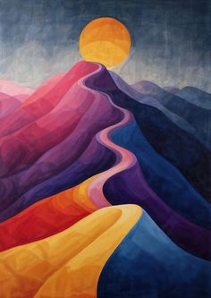 an abstract painting of mountains with the sun rising over them