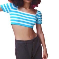 Questions? Leave A Comment Below! Blue Stretch Crop Top For Summer, Striped Fitted Summer Crop Top, Blue Short Sleeve Crop Top For Summer, Blue Cropped Summer Top, Zara Light Blue Tops For Summer, Blue Fitted Casual Crop Top, Fitted Light Blue Summer Top, Zara Blue Summer Tops, Blue Stretch Summer Tops