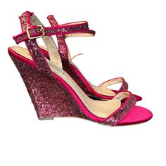 New Without Tags - Never Worn Betsey Johnson | Women's Pink Blue By Darci Wedge Evening Sandals | Size Pink Round Toe Wedge Sandals For Formal Occasions, Pink Wedge Heel Sandals For Formal Occasions, Formal Pink Wedge Sandals With Round Toe, Pink Wedge Sandals With Heel Loop For Party, Pink Wedge Sandals For Party, Pink Wedge Heel Sandals For Evening, Pink Ankle Strap Wedge Sandals For Party, Party Sandals With Removable Insole And Wedge Heel, Party Wedge Sandals With Heel Strap