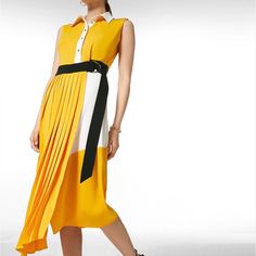 Karen Millen Colorblock Soft Pleated Shirt Dress 100% Polyester Dry Clean Only Center Back Length In A Uk Size 8: 122cm. Model Wears A Us Size 4 Model's Height: 5'10" Chic Yellow Color Block Dress, Yellow Pleated Dress For Daywear, Yellow Casual Shirt Dress For Work, Chic Yellow Shirt Dress For Summer, Casual Yellow Shirt Dress For Work, Yellow Color Block Dress For Spring, Elegant Yellow Shirt Dress For Work, Yellow Fitted Midi Shirt Dress, Yellow Midi Shirt Dress For Work