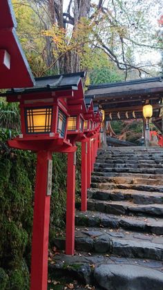 red lanterns are lined up along the steps