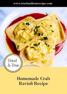 homemade crab ravioli recipe on a white plate