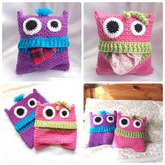 crocheted owl hats and mittens are shown in four different styles, including one with eyes