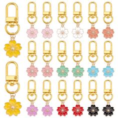 a bunch of different colored flower charms