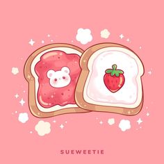 two slices of toast with strawberry and bear on them