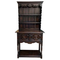 an old wooden shelf with drawers and shelves on it's sides, against a white background