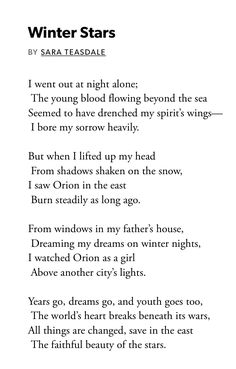 a poem written in black and white with the words winter stars on it's side