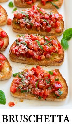 several pieces of bread with tomatoes and basil on top, along with the words bruschetta