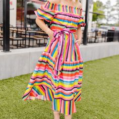 Beautiful Crosby Boardwalk Dress; Size Small. Nwt. Off Shoulder Fit; Tie Waist Belt! Perfect For Spring! Vibrant Multicolor Midi Dress For Brunch, Vibrant Multicolor Dress For Day Out, Chic Multicolor Midi Dress For Garden Party, Multicolor Ruffled Maxi Dress For Day Out, Vibrant Colorful Dresses For Day Out, Vibrant Pink Maxi Dress For Spring, Vibrant Pink Summer Midi Dress, Colorful Spring Midi Dresses, Striped Dresses For Garden Party