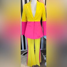 Beautiful And Vibrant Yellow And Hot Pink Pant Suit. New With Tags - Price Is Firm! This Is Brand New From My Boutique Size Medium & Xl Available Medium - Bust 39”, Waist 28”, Hip 37” Xl - Bust 42”, Waist 31”, Hip 40” Yellow Long Sleeve Party Set, Fitted Multicolor Pantsuit For Workwear, Retro Party Sets For Spring, Yellow Stretch Sets For Spring, Yellow Spring Pantsuit For Workwear, Yellow Spring Pantsuit For Work, Spring Yellow Pantsuit For Workwear, Chic Yellow Fitted Pantsuit, Yellow Fitted Pantsuit For Work