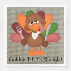 a thanksgiving card with a turkey holding a fork and knife