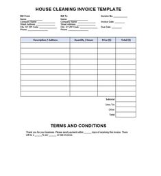 a house cleaning invoice template with the words terms and conditions on it