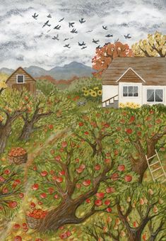 a painting of an apple orchard with birds flying over the house and trees in bloom