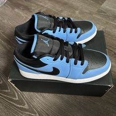 Size 7Y- Jordan 1 Low University Blue Black Jordan 1 Low University Blue, Air Jordan 1 Low, Jordan 1 Low, University Blue, Jordan Shoes, Jordan 1, Air Jordans, Blue Black, Athletic Shoes