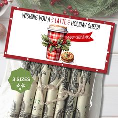 money wrapped in red and white paper next to a christmas gift tag with the words, wishing you a late - holiday cheer