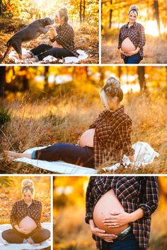 a pregnant woman sitting on the ground with her dog and holding her belly in front of her