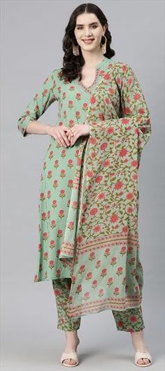 Green color Salwar Kameez in Cotton fabric with Floral, Printed, Thread work Traditional Green Kurta With Digital Print, Traditional Green Digital Print Kurta, Fitted Green Salwar Kameez With Digital Print, Traditional Green Palazzo Set With Digital Print, Green Cotton Dupatta With Digital Print, Green Digital Print Kurta For Festivals, Traditional Printed Green Palazzo Set, Traditional Green Printed Palazzo Set, Green Digital Print Lawn Suit For Festivals