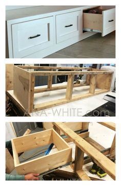 two pictures showing the different parts of a kitchen cabinet with drawers in it and an open drawer