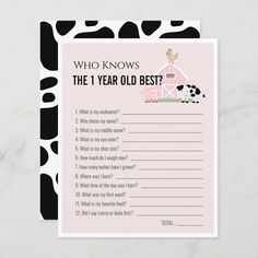 This cute and modern "who knows the 1 year old best?" girl's 1st/first birthday party game features a pig, chicken, and cow with a pink barn on a blush pink background framed by a white border. The reverse side features a white background with black cow patterns. Personalize for your needs. You can find matching products at my store. Cow Birthday Games, Farm First Birthday Girl, 1st Birthday Games, Barnyard Bash, Farm Themed Birthday Party, First Birthday Games, Rodeo Birthday, Twin First Birthday