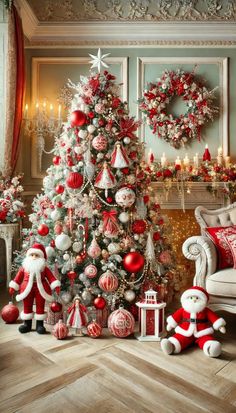 a decorated christmas tree in a living room with red and white ornaments on the trees