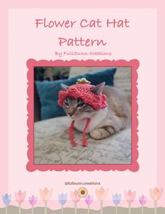 a cat wearing a red knitted hat on top of it's head with the caption flower cat hat pattern