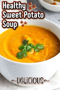 healthy sweet potato soup in a white bowl