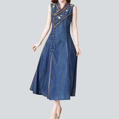 Introducing the 2023 Spring-Summer Collection ââ‚?a Chinese-style. sleeveless. denim dress with laid-back style vibes! This fit and flare dress is the perfect blend of comfort and sophistication. and the perfect expression of fashionable punkish. Look and feel your best while making a statement with this unique piece!Key Highlights: Embroidered Elegance: Intricately ornamented patterns capture a blend of vogue and conventional styles. Street Style: The perfect piece for on-trend. city style patt Sleeveless Non-stretch Medium Wash Denim Dress, Casual A-line Sleeveless Dress For Spring, Sleeveless Cotton Denim Dress, Spring Sleeveless Denim Blue Denim Vest, Blue Cotton Sleeveless Dress For Spring, Spring Midi-length Non-stretch Sleeveless Dress, Spring Non-stretch Sleeveless Midi Dress, Sleeveless Cotton Denim Dress For Spring, Blue Denim A-line Dress