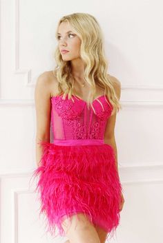 A fun and flirty mini with a feather skirt and bustier top. Sheer Bustier, Feather Skirt, Custom Gown, Modern Dress, Bustier Top, Pet Hair, Homecoming Dresses, Lace Detail, The Label